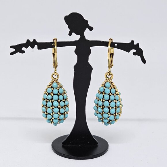 Joan Rivers Faux Turquoise Encrusted Egg Lever Back Pierced Earrings Teardrop - Picture 1 of 12